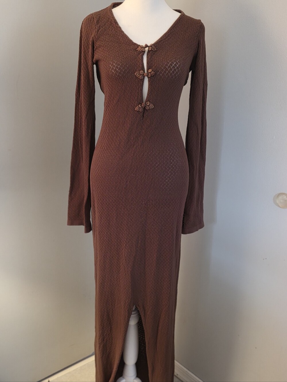 Fashion Nova Long Sleeve Chocolate Brown Bodycon Dress with Knot Detail